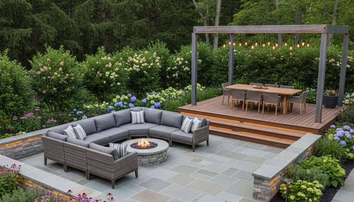 Backyard patio landscaping with plants and lighting by professional landscapers in Columbus, OH