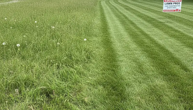 Before and after lawn mowing showing yard transformation by Chop Chop Landscaping in Columbus, OH