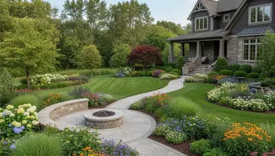 Complete landscape transformation with gardens, hardscape, and lush lawn by landscapers in Columbus, OH