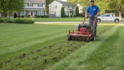 Core aeration machine creating soil plugs on Columbus OH lawn during professional lawn care service