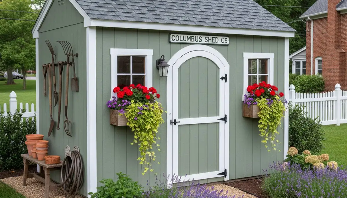 Decorative garden shed with landscape design by professional landscapers in Columbus, Ohio