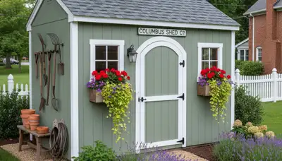 Decorative garden shed with landscape design by professional landscapers in Columbus, Ohio