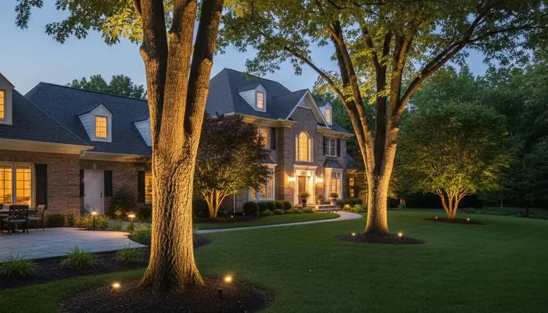 Dramatic tree uplighting design by Chop Chop Landscaping in Columbus, OH showcasing professional landscape lighting