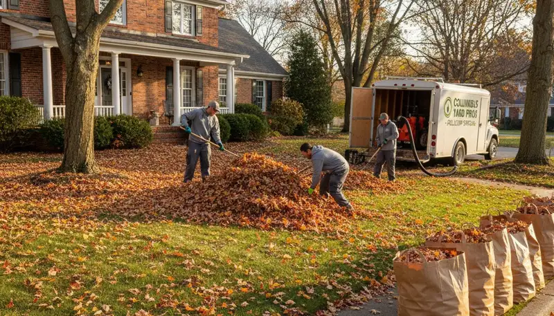 Professionals performing fall leaf cleanup and yard maintenance in Columbus, OH residential lawn