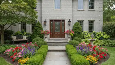 Front yard curb appeal design with colorful flowers and shrubs by landscapers in Columbus, OH