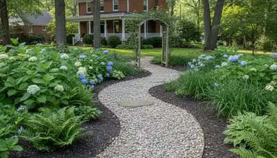 Pea gravel garden pathway through residential landscape in Columbus, OH by Chop Chop Landscaping