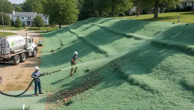 Professional hydroseeding on hillside slope for erosion control in Columbus, OH landscaping project