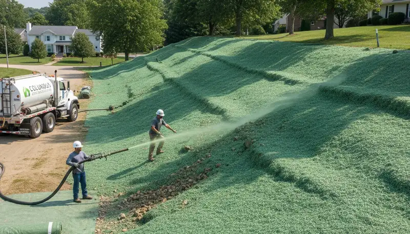 Professional hydroseeding on hillside slope for erosion control in Columbus, OH landscaping project