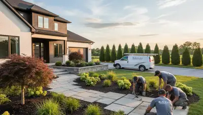 Landscaping crew providing residential lawn care services in Columbus, OH