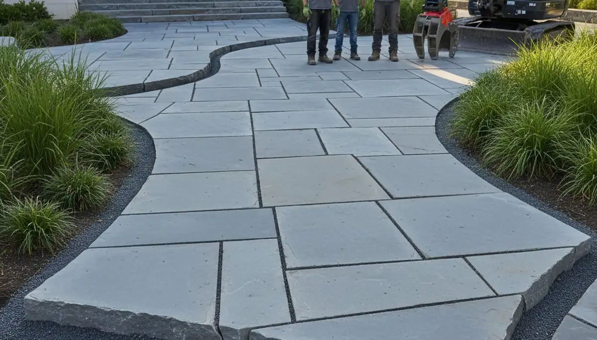 Large format stone slab paver installation by professional landscapers in Columbus, OH
