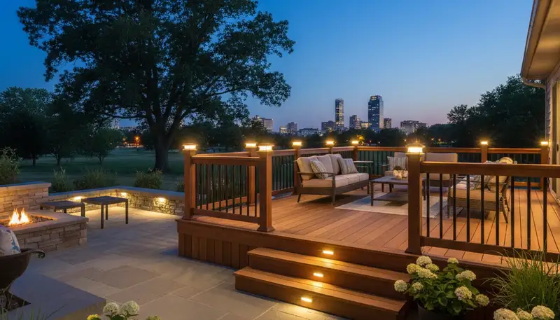 Layered landscape lighting on deck and patio in Columbus, OH by Chop Chop Landscaping for safe outdoor living