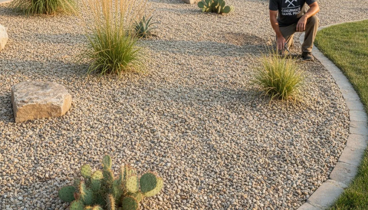 Pea gravel ground cover installation showing low-maintenance landscaping in Columbus, Ohio yard
