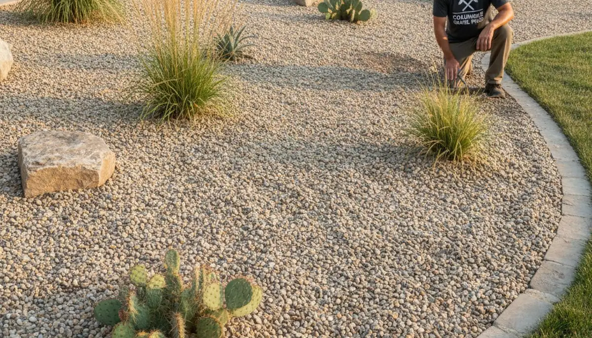 Pea gravel ground cover installation showing low-maintenance landscaping in Columbus, Ohio yard