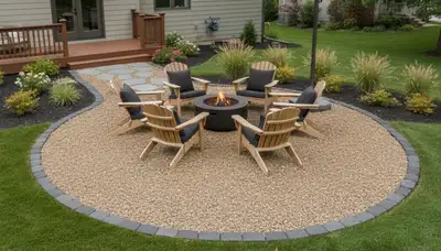 Pea gravel patio installation in Columbus, OH with defined edging and outdoor furniture setup