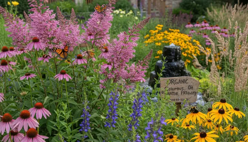 Pollinator-friendly native garden with bees and flowers by organic landscapers in Columbus, Ohio