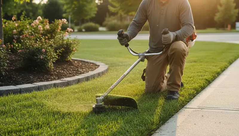 Technician performing precise lawn edge trimming with string trimmer in Columbus, OH landscaping service
