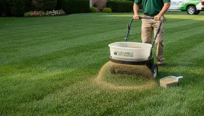Lawn care technician spreading fertilizer on residential turf in Columbus, OH for healthy, green growth