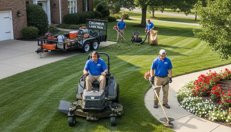 Professional lawn mowing and edging crew providing lawn maintenance in Columbus, Ohio
