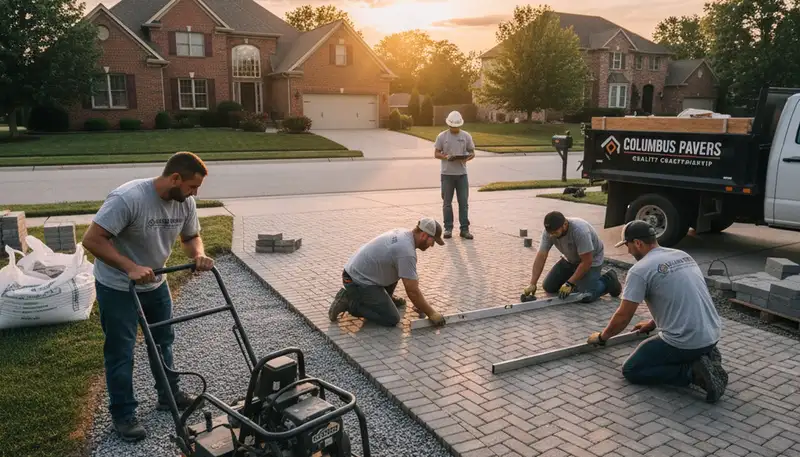 Crew installing driveway pavers in Columbus, OH for Chop Chop Landscaping driveway project