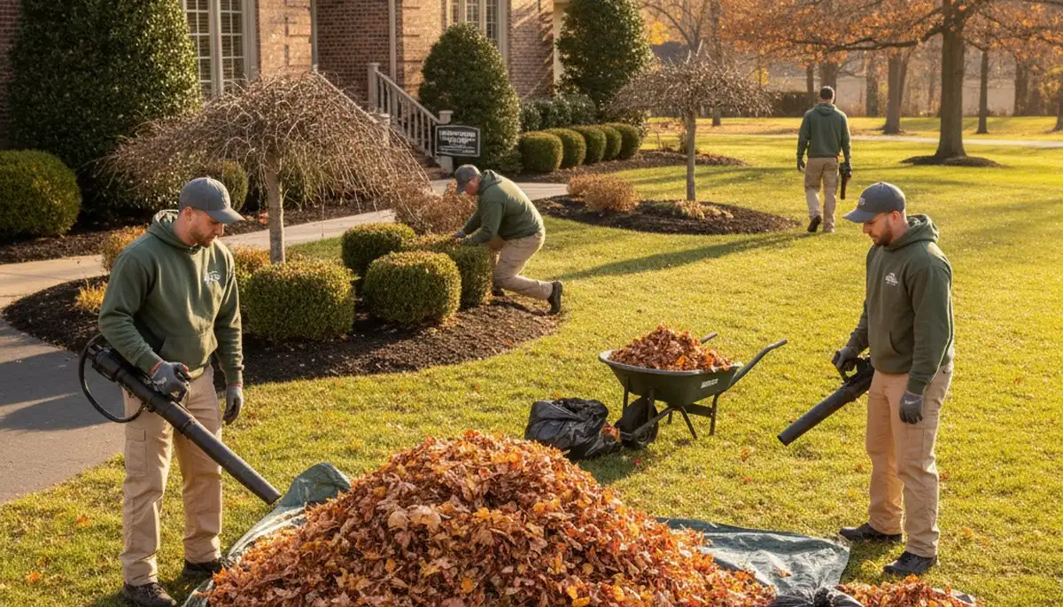 Technician using leaf blower for final lawn cleanup at Columbus OH property by Chop Chop Landscaping