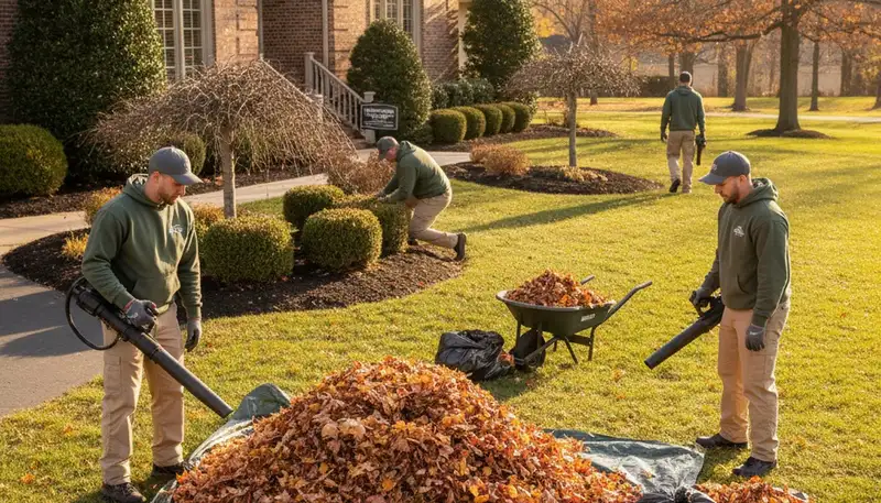 Technician using leaf blower for final lawn cleanup at Columbus OH property by Chop Chop Landscaping