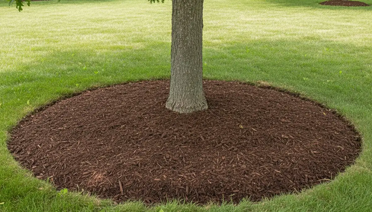 Professional tree ring mulching around tree base by Columbus OH landscapers promoting healthy landscapes