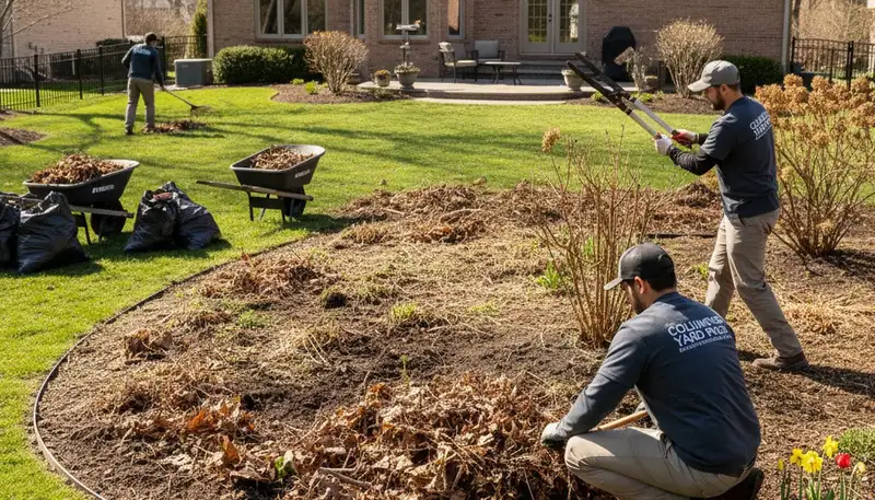 Professional spring yard clean up in Columbus, OH with debris removal, pruning, and bed preparation