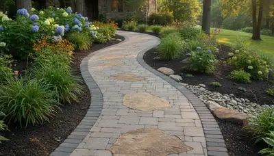 Curved stone paver pathway installation by professional landscapers in Columbus, OH