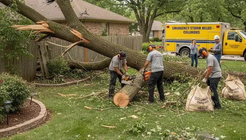 Storm debris removal and yard cleanup by professional landscapers in Columbus, OH after severe weather