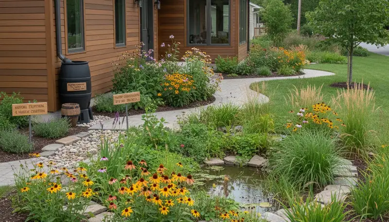 Rain garden and water management system by organic landscapers in Columbus, OH promoting eco-friendly design